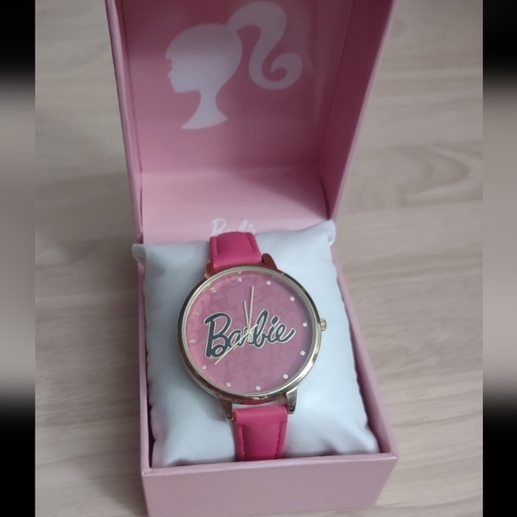 Barbie Iconic Silhouette Logo Pink Leather Strap Gold Bezel Watch Y2K Bling main image 6